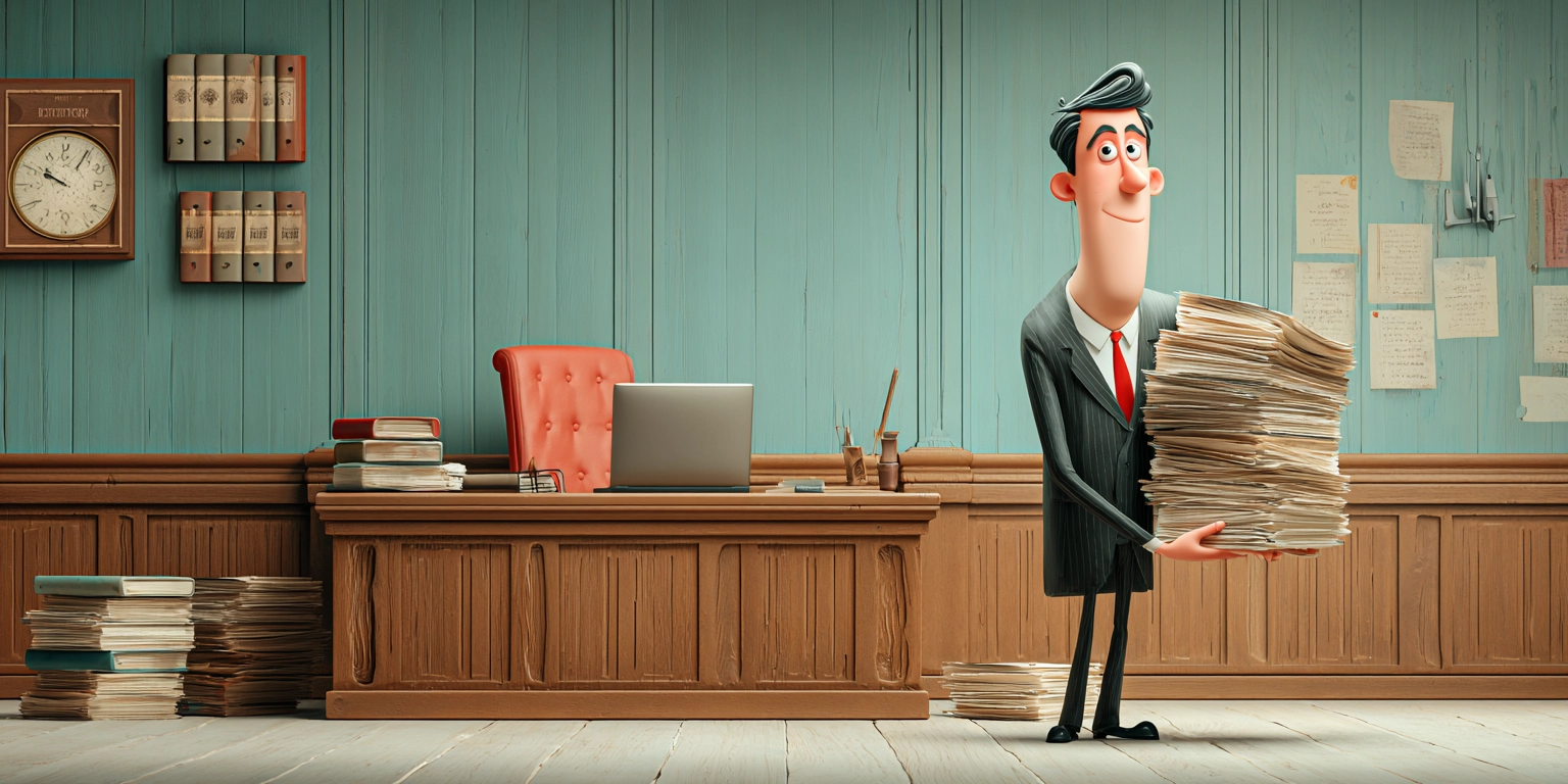 Профессионал в кабинете суда с бумагами