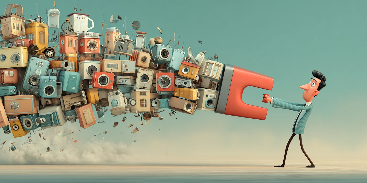 Человек притягивает магнитом товары электроники