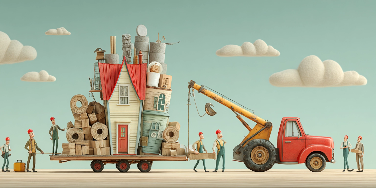 Команда загружает строительные материалы возле нового дома