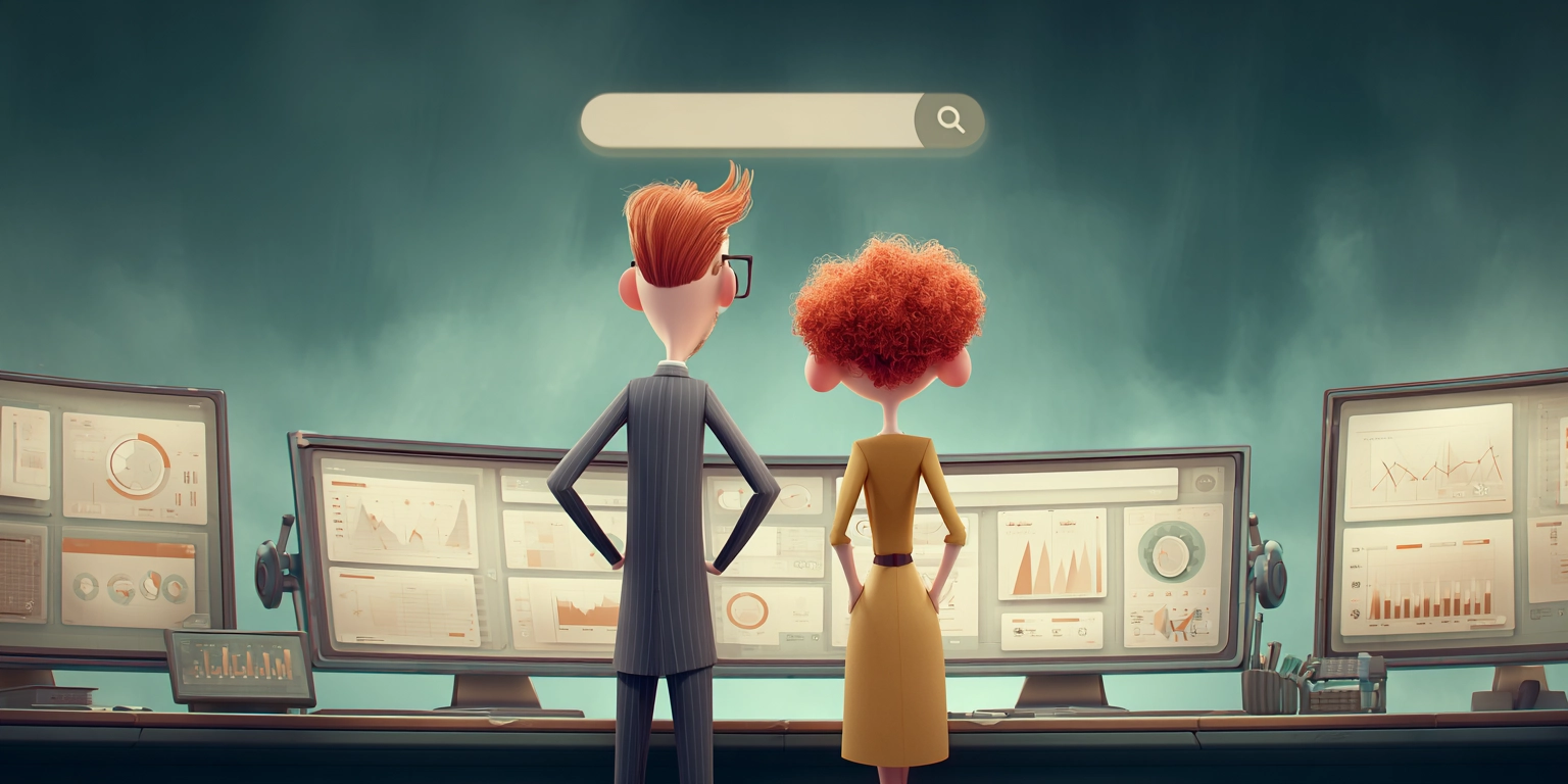 Двое коллег смотрят на большой экран с поисковой строкой и результатами