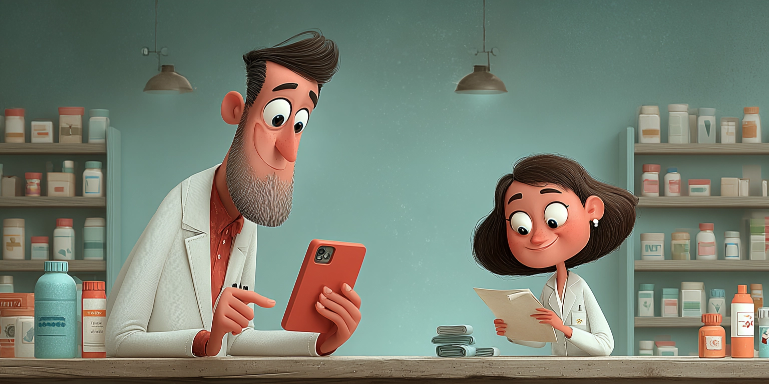 Фармацевт с телефоном и ассистенткой