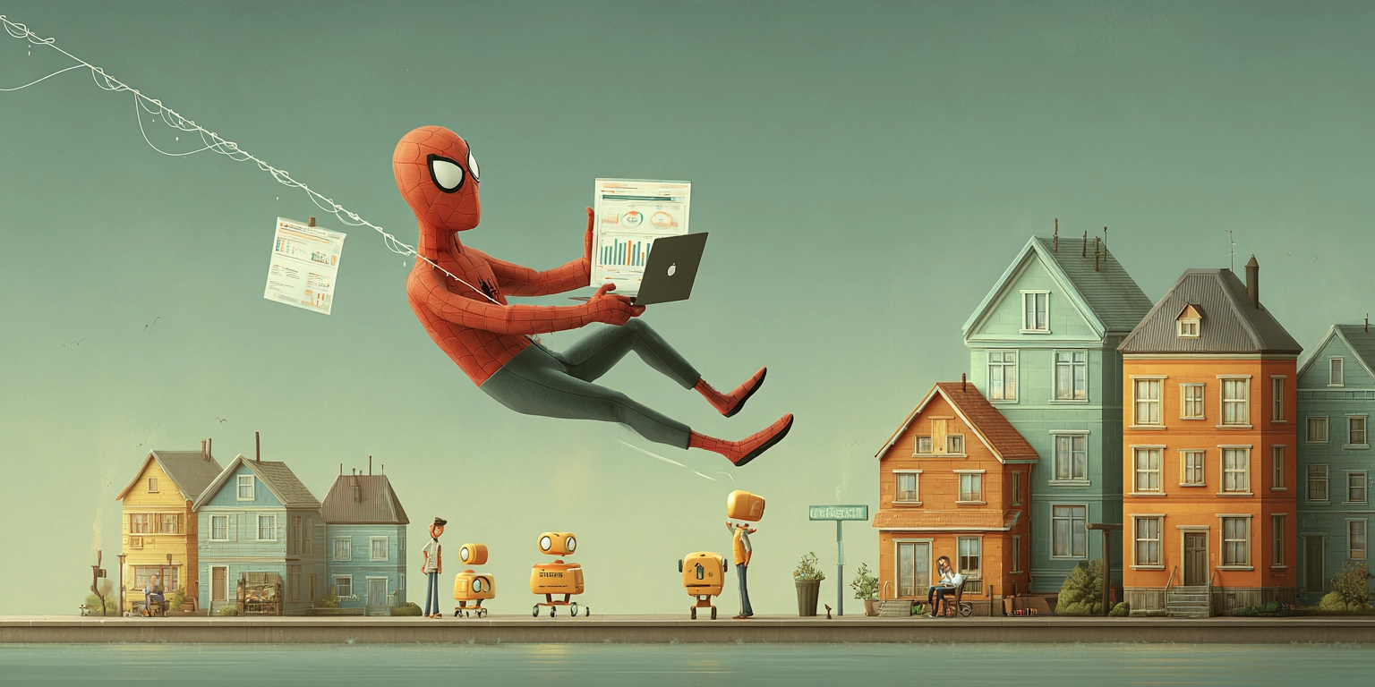 Человек-паук летит с ноутбуком над городом