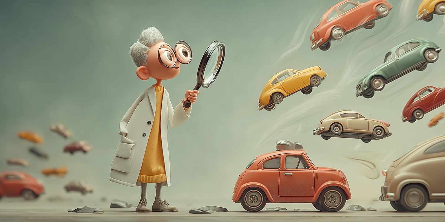 розовая пантера наблюдает за машинами через лупу