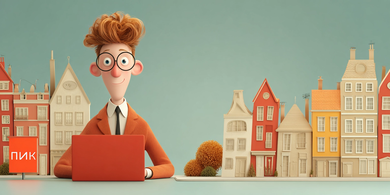 Агент по недвижимости с ноутбуком и логотипом ПИК