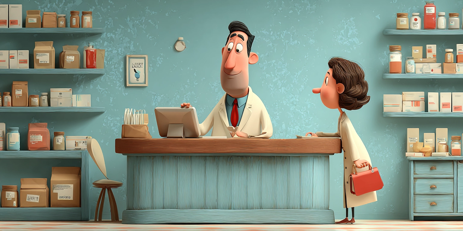 Фармацевт продаёт лекарства в аптеке